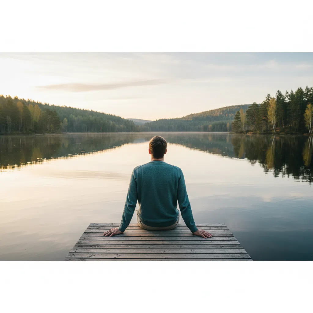 Anonym man vid lugn sjö i morgonsolen - aktiv livsstil