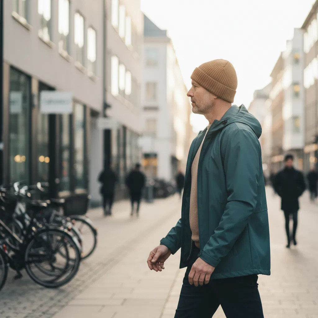 Anonym aktiv man i skandinavisk stadsmiljö i morgonljus
